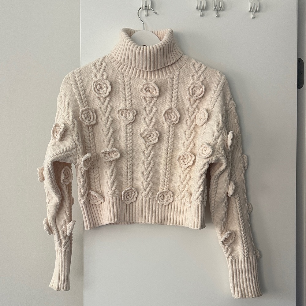 For Love And Lemons Cream Turtleneck Sweater with Floral Accents